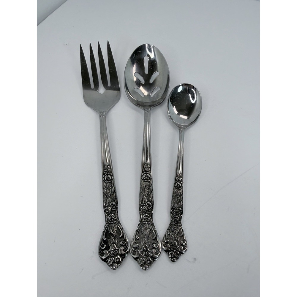 Versailles Pattern Stainless Slotted Serving Spoons Meat Fork + MSI Japan Roses